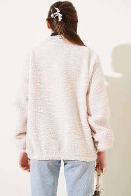 Yarım Fermuarlı Peluş Sweatshirt Bej - Kadın Giyim Modelleri