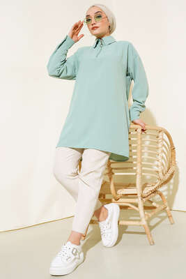 Yarım Fermuarlı Yakalı Tunik Mint - Tunik