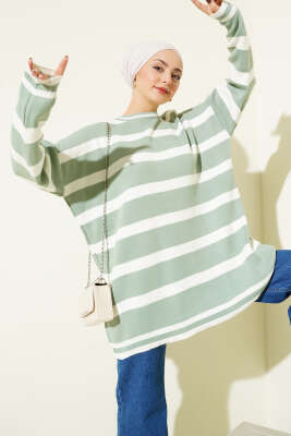 Yatay Çizgi Detaylı Triko Tunik Çağla Yeşili - VANİZA TRİKO