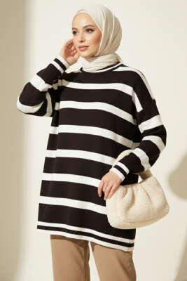 Yatay Çizgi Detaylı Triko Tunik Kahve - VANİZA TRİKO