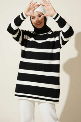 Yatay Çizgi Detaylı Triko Tunik Siyah - VANİZA TRİKO