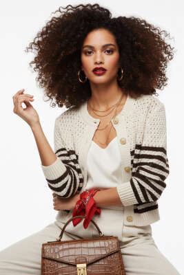 Yatay Çizgili Ajurlu Kısa Triko Hırka Bej