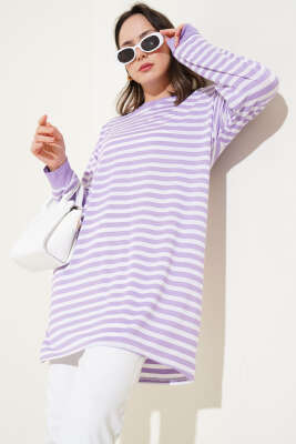Yatay İnce Çizgili Tunik Lila