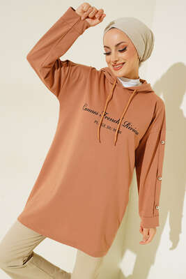 Yazı Baskılı Kolları Düğmeli Tunik Camel 