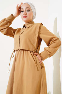 Yelekli Terikoton Elbise Camel - Tesettür Elbise