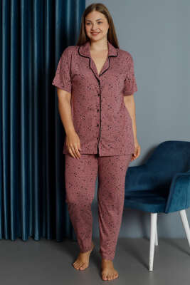 Yıldız Desenli Gömlek Yaka Büyük Beden Pijama Takımı Magenta - Pijama