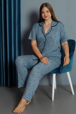 Yıldız Desenli Gömlek Yaka Büyük Beden Pijama Takımı Mavi - Pijama & Gecelik