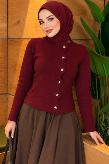 Yıldız Düğmeli Triko Hırka Bordo - Hırka