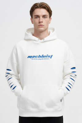 Yırtık Efektli Nakışlı Erkek Sweatshirt Ekru 