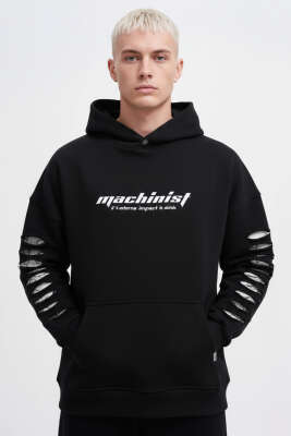Yırtık Efektli Nakışlı Erkek Sweatshirt Siyah 