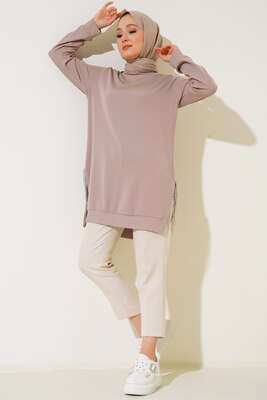 Yırtmaç Zincirli Basic Tunik Bej - Tunik