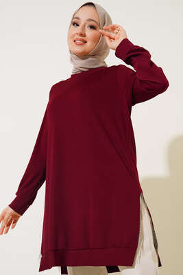 Yırtmaç Zincirli Basic Tunik Bordo 