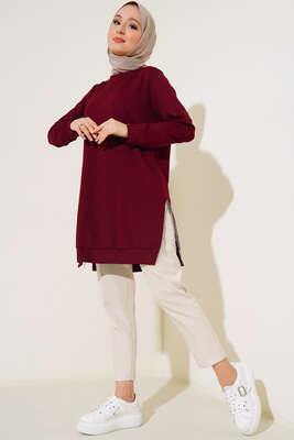 Yırtmaç Zincirli Basic Tunik Bordo - Tunik