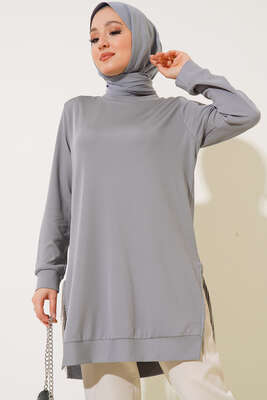 Yırtmaç Zincirli Basic Tunik Gri 
