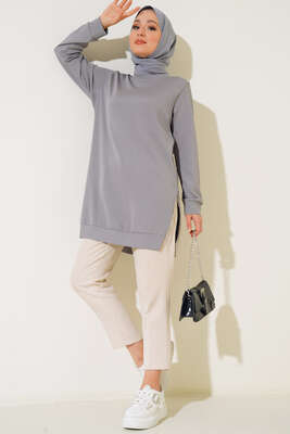 Yırtmaç Zincirli Basic Tunik Gri - Tunik