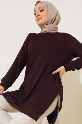 Yırtmaç Zincirli Basic Tunik Kahve 