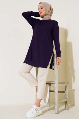 Yırtmaç Zincirli Basic Tunik Mor 