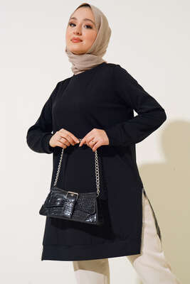 Yırtmaç Zincirli Basic Tunik Siyah - Tunik