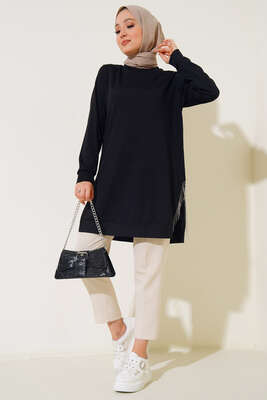 Yırtmaç Zincirli Basic Tunik Siyah - Tunik
