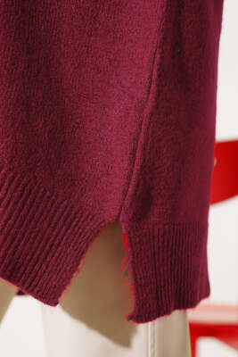 Yırtmaçlı Düz Yumoş Triko Tunik Kırmızı - Triko Tunik