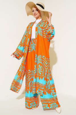 	 Etnik Desen Kimono İkili Takım Oranj - YÖNE TEKSTİL