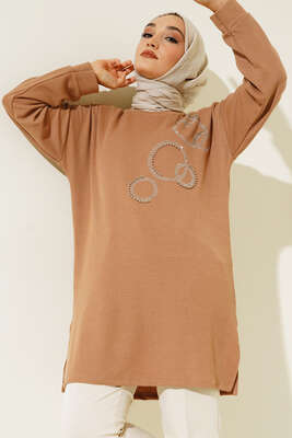 Yuvarlak Parlak Taşlı Tunik Camel 