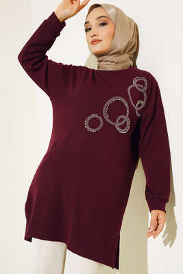 Yuvarlak Parlak Taşlı Tunik Mürdüm 