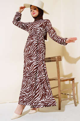 Zebra Desen Elbise Kahve 