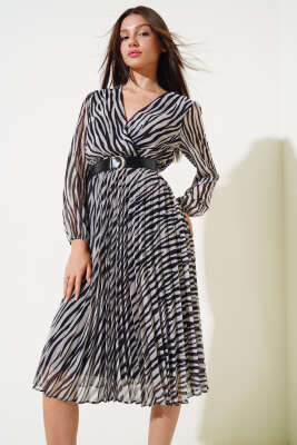 Zebra Desen Tül Midi Elbise Siyah - ESTELLE