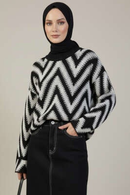 Zigzag Desen Triko Kazak Siyah 